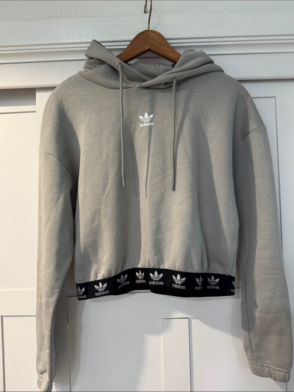 Adidas Cropped Hoodie in Light Gray with Black Logo Band